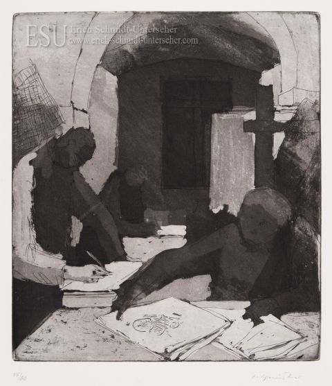 Lithograph Studio with Artists by Erich Schmidt-Unterseher